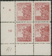 MECKLENBURG-VORPOMMERN 36xc VB , 1946, 12 Pf. Lebhaftbraunrot, Kreidepapier, Im Unteren Linken Eckrandviererblock, Prach - Other & Unclassified