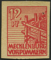 MECKLENBURG-VORPOMMERN 36ybGU , 1946, 12 Pf. Rot, Graues Papier, Druck Auf Gummiseite, Ungezähnt, Pracht, Mi. 150.- - Andere & Zonder Classificatie