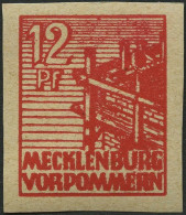 MECKLENBURG-VORPOMMERN 36ybU , 1946, 12 Pf. Rot, Graues Papier, Ungezähnt, Pracht, Gepr. Kramp, Mi. 60.- - Sonstige & Ohne Zuordnung