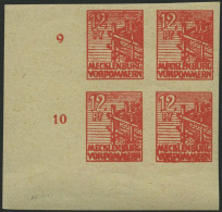 MECKLENBURG-VORPOMMERN 36yeU VB , 1946, 12 Pf. Orangerot, Graues Papier, Ungezähnt, Im Unteren Linken Eckrandviererblock - Andere & Zonder Classificatie