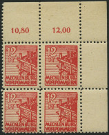 MECKLENBURG-VORPOMMERN 36zb VB , 1946, 12 Pf. Rot, Dünnes Papier, Im Oberen Rechten Eckrandviererblock, Pracht, Gepr. Kr - Other & Unclassified