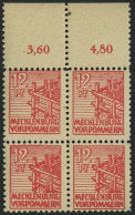 MECKLENBURG-VORPOMMERN 36zb VB , 1946, 12 Pf. Rot, Dünnes Papier, Im Viererblock Vom Oberrand, Pracht, Gepr. Kramp, Mi.  - Sonstige & Ohne Zuordnung