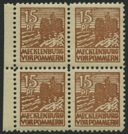 MECKLENBURG-VORPOMMERN 37zaDZ VB , 1946, 15 Pf. Gelbbraun, Dünnes Papier, Im Viererblock Mit Druckereizeichen, Pracht, G - Autres & Non Classés