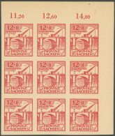 PROVINZ SACHSEN 88BIX , 1946 12 Pf. Wiederaufbau, Ungezähnt, Im Neunerblock Mit Plattenfehler Farbpunkt Im Oberen Marken - Autres & Non Classés