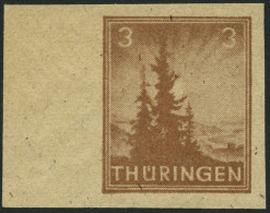 THÜRINGEN 92AYz2U , 1946, 3 Pf. Orangebraun, Spargummierung, Dickes Papier, Fallende Papierstreifung, Ungezähnt, Linkes  - Otros & Sin Clasificación