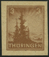 THÜRINGEN 92AYz2U , 1946, 3 Pf. Orangebraun, Spargummierung, Dickes Papier, Fallende Papierstreifung, Ungezähnt, Pracht, - Otros & Sin Clasificación