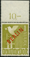 BERLIN 33 P OR , 1949, 1 M. Rotaudruck, Mit Durchgezähntem Oberrand (in Der Perforierung Vorgefaltet), Postfrisch, Prach - Ongebruikt