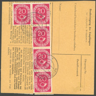 BUNDESREPUBLIK 130 BRIEF, 1954, 20 Pf. Posthorn Im Fünferblock (rückseitig) Und Zusatzfrankatur Auf Paketkarte Aus NEURE - Other & Unclassified