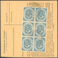 BUNDESREPUBLIK 134 BRIEF, 1954, 50 Pf. Posthorn Im Senkrechten Sechserblock Rückseitig Auf Paketkarte Mit 10 Pf. Zusatzf - Altri & Non Classificati