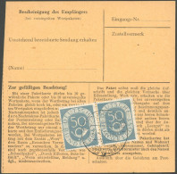 BUNDESREPUBLIK 134 Paar BRIEF, 1953, 50 Pf. Posthorn Im Waagerechten Paar Rückseitig Auf Paketkarte Mit Zusatzfrankatur  - Andere & Zonder Classificatie