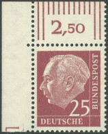 BUNDESREPUBLIK 186yWOR , 1960, 25 Pf. Heuss Lumogen, Walzendruck, Obere Linke Bogenecke Mit L, Postfrisch, Pracht - Sonstige & Ohne Zuordnung