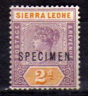 Sierra Leone (1897) - 2 P. Vcitoria - Surcharge "SPECIMEM"  Neufs Sans Gomme - No Gum - Sierra Leone (...-1960)