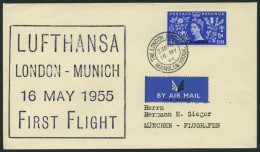 DEUTSCHE LUFTHANSA 29 BRIEF, 16.5.1955, London-München, Schwarz-violetter Stempel, R!, Frankiert Mit Brit.Post In Tanger - Briefe U. Dokumente