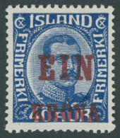 ISLAND 121 , 1926, 1 Kr. Auf 40 A. Blau, Postfrisch, Pracht, Mi. 400.- - Altri & Non Classificati