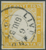 SARDINIEN 14a O, 1862, 80 C. Gelb, K2 LIVORNO, Pracht, Mi. 300.- - Sardinia