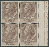 ITALIEN 920A VB , 1954, 100 L. Braun, Wz. 3, Gezähnt L 131/4, Im Randviererblock, Postfrisch, Pracht, Mi. 800.- - Unclassified