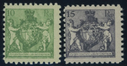 LIECHTENSTEIN 50A,52A , 1921, 10 Rp. Dunkelgelblichgrün Und 15 Rp. Schwarzgrauviolett, Gezähnt L 91/2, Postfrisch, 2 Pra - Sonstige & Ohne Zuordnung