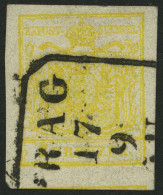 ÖSTERREICH 1Ya O, 1854, 1 Kr. Gelb, Maschinenpapier, Type Ia, R4 PRAG, Breitrandig, Pracht, Signiert - Other & Unclassified