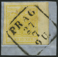 ÖSTERREICH 1Ya BrfStk, 1854, 1 Kr. Gelb, Maschinenpapier, Type Ib, Mit Rechtem Rand (6 Mm), R4 PRAG, Prachtbriefstück - Other & Unclassified