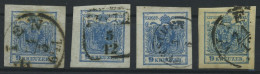 ÖSTERREICH 5X,Y O, 1850/4, 9 Kr. Blau, 4 Allseits Riesenrandige Prachtwerte - Andere & Zonder Classificatie