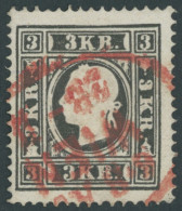 ÖSTERREICH BIS 1867 11IIa O, 1858, 3 Kr. Schwarz, Type II, Roter Stempel, Pracht, Mi. 250.- - Other & Unclassified
