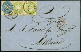 LOMBARDEI UND VENETIEN 20,22 BRIEF, 1864, 3 So. Grün, 2x Und 10 So. Blau Auf Brief Von VENEZIA Nach Mailand, Pracht - Lombardy-Venetia