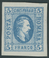 RUMÄNIEN 12y , 1865, 5 Par. Blau, Senkrecht Gestreiftes Papier, Falzrest, Pracht, Mi. 120.- - Altri & Non Classificati