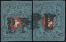 SCHWEIZ BUNDESPOST 7II O, 1850, 5 Rp. Schwarz/zinnoberrot Auf Blau, Ohne Kreuzeinfassung, Type 36 Und 28 Vom Druckstein  - Otros & Sin Clasificación