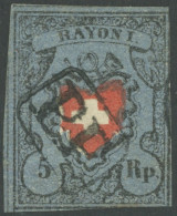 SCHWEIZ BUNDESPOST 7II O, 1850, 5 Rp. Schwarz/zinnoberrot Auf Blau, Ohne Kreuzeinfassung, R1 P.P., Zweiseitig Berührt, M - Other & Unclassified