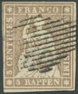 SCHWEIZ BUNDESPOST 13IIAzm O, 1854, 5 Rp. Mittelgraubraun, Seidenpapier, Berner Druck II,(Zst. 22F), Links Teils Leicht  - Otros & Sin Clasificación