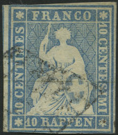 SCHWEIZ BUNDESPOST 14Ib O, 1854, 10 Rp. Mittelblau, 2. Münchener Druck, (Zst. 23A), Schmal-breitrandig, Pracht, Gepr. Vo - Gebruikt