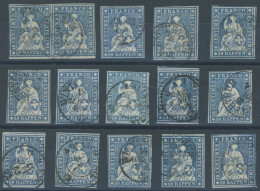 SCHWEIZ BUNDESPOST 14IIBym O, 1859, 10 Rp. Lebhaftblau, Berner Druck III, (Zst. 23G), 15 Prachtwerte In Nuancen, Dabei E - Autres & Non Classés