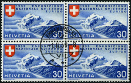 SCHWEIZ BUNDESPOST 343 VB O, 1939, 20 C. Landesausstellung, Italienische Inschrift, Im Viererblock Mit Zentrischem Erstt - Usados