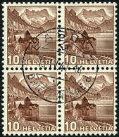 SCHWEIZ BUNDESPOST 363z VB O, 1940, 10 C. Dunkelrötlichbraun, Geriffelter Gummi, Im Zentrisch Gestempelten Viererblock,  - Used Stamps
