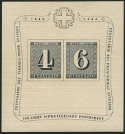 SCHWEIZ BUNDESPOST Bl. 8 , 1943, Block 100 Jahre Briefmarken, Feinst, Mi. 100.- - Blocks & Kleinbögen