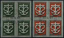 SCHWEIZ BUNDESPOST 443/4 VB O, 1945, Kriegsgeschädigte In Viererblocks Mit Zentrischen Ersttags-Sonderstempeln, Pracht - Oblitérés