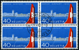 SCHWEIZ BUNDESPOST 585 VB O, 1953, Flughafen Zürich-Kloten Im Viererblock Mit Zentrischem Ersttagsstempel, Pracht - Oblitérés