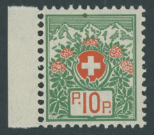 PORTOFREIHEITSMARKEN Pf 12IIx , 1927, 10 C. Alpenrose, Faserpapier, Ohne Kontrollnummer, Postfrisch, Pracht, Mi. 70.- - Franquicia