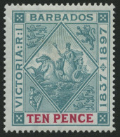 BARBADOS 60x , 1897, 10 P. 60 Jahre Regentschaft, Weißes Papier, Falzreste, Herstellungsbedingte Gummiknitter, Pracht, M - Barbados (...-1966)