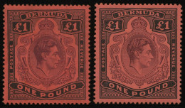 BERMUDA-INSELN 116b , 1943, 1 £ Schwarz/braunpurpur, Gezähnt 14, (SG 121b Und E), Falzrest, 2 Prachtwerte - Bermudas