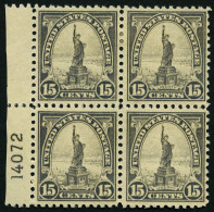 USA 277 VB , , Scott 566, 1922, 15 C. Freiheitsstatue Im Plattenviererblock, Die Beiden Unteren Werte Postfrisch, Pracht - Ongebruikt