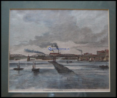 BREMEN: Die Eisenbahnbrücke über Die Weser, Kolorierter Holzstich Um 1880 - Prenten & Gravure