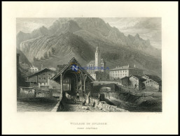 Dorf SPLÜGEN, Gesamtansicht Mit Dekorativer Personenstaffage Im Vordergrund, Stahlstich Von Bartlett/Wallis, 1836 - Lithographien