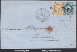 FRANCE N°55+60 SUR LETTRE ETOILE DE PARIS 22 + CAD R. TAITBOUT DU 07/09/1875 - 1871-1875 Cérès