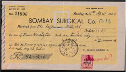 India 1948 Bombay Surgical Co.,Indore Receipt With Bombay Province 1 Anna Revenue Stamp (**) Inde Indien RARE - Briefe U. Dokumente
