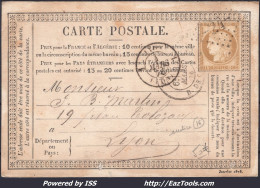 FRANCE N°55 SUR CP AVEC GC 24 POUR ETOILE DE PARIS CAD R. DE CLÉRY DU 04/03/1876 - 1871-1875 Cérès