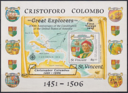 Z212 ST VINCENT MNH 1988 DISCOVERY DESCUBRIMIENTO COLUMBUS SHIP COLON SHEET.  - Christopher Columbus