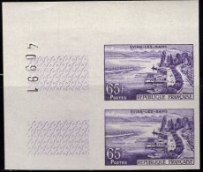 FRANCE(1957) Evian-Les-Bains. Trial Color Proof Corner Pair. Famous For Its Mineral Waters. Scott No 856, Yvert No 1131. - Essais De Couleur 1945-…