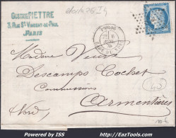 FRANCE N°60C SUR LETTRE ETOILE DE PARIS 26 + CAD GARE DU NORD DU 06/07/1875 - 1871-1875 Ceres