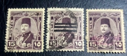 Egypt 1945, 3 Stamps Of Farouk Stamps ، 15 Milliemes ( Regular, 3 Bars Cancel, Overprinted King Of Egypt, - Usati
